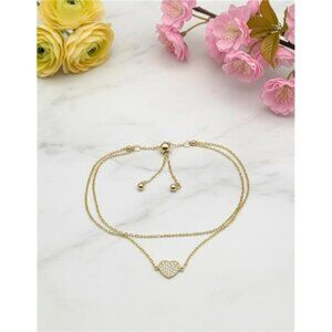 Gold Vermeil Sterling Silver Pave Crystal Heart Slide Bracelet Adjustable Bolo